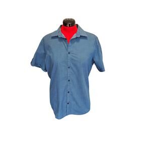 Calvin Klein slim fit blue and white patterned short sleeve button down, size LG